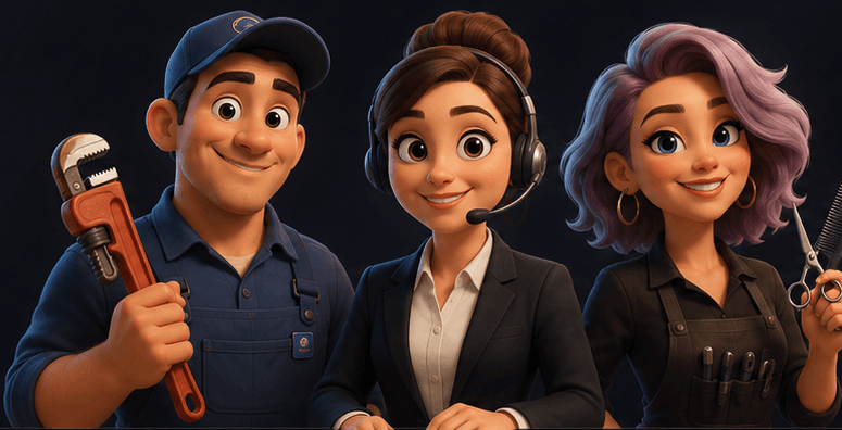 Plumber, receptionist, and hairstylist representing local service businesses